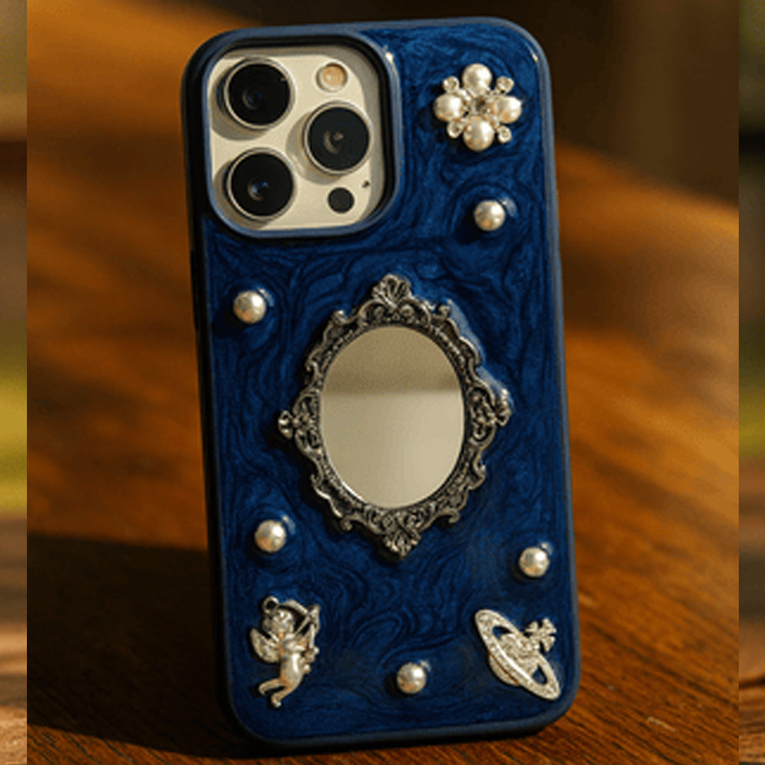 Luxury Retro Mirror iPhone Case with Pearl & Angel Design Phone Cover