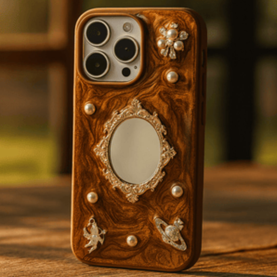 Luxury Retro Mirror iPhone Case with Pearl & Angel Design Phone Cover