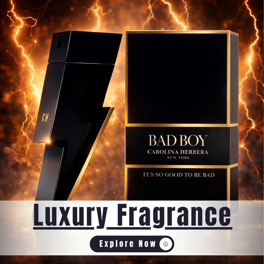 Carolina Herrera Bad Boy perfume with a dramatic background