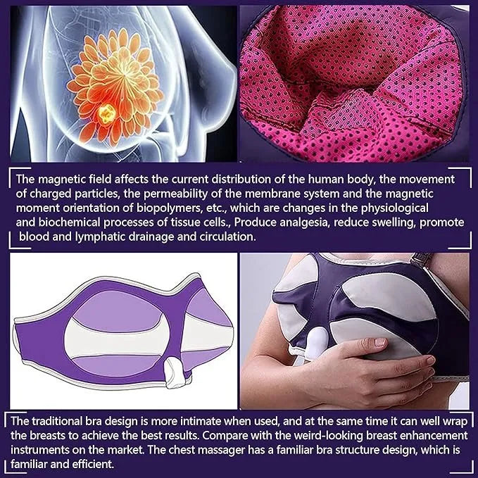 Multicolor electronic breast massager bra designed with magnetic field technology for chest firming and lifting.