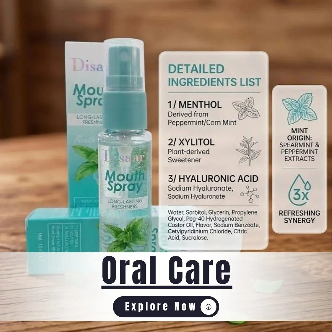 Mouth spray with packaging and ingredients list on a wooden surface