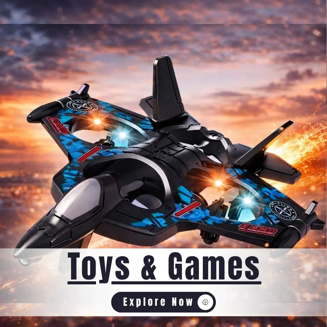 Toy spaceship with glowing effects against a sunset sky, labeled 'Toys & Games