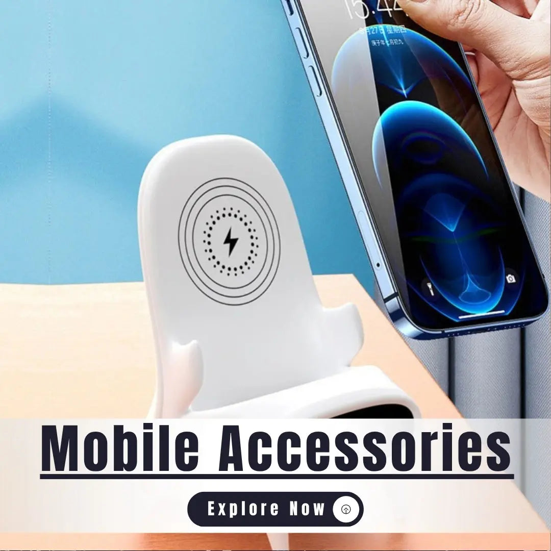 White phone stand with lightning bolt design next to a smartphone, with 'Mobile Accessories' text overlay.