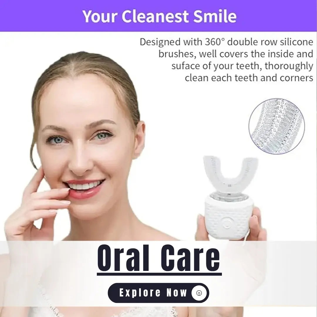 Woman holding a white dental device with text about oral care on a light purple background