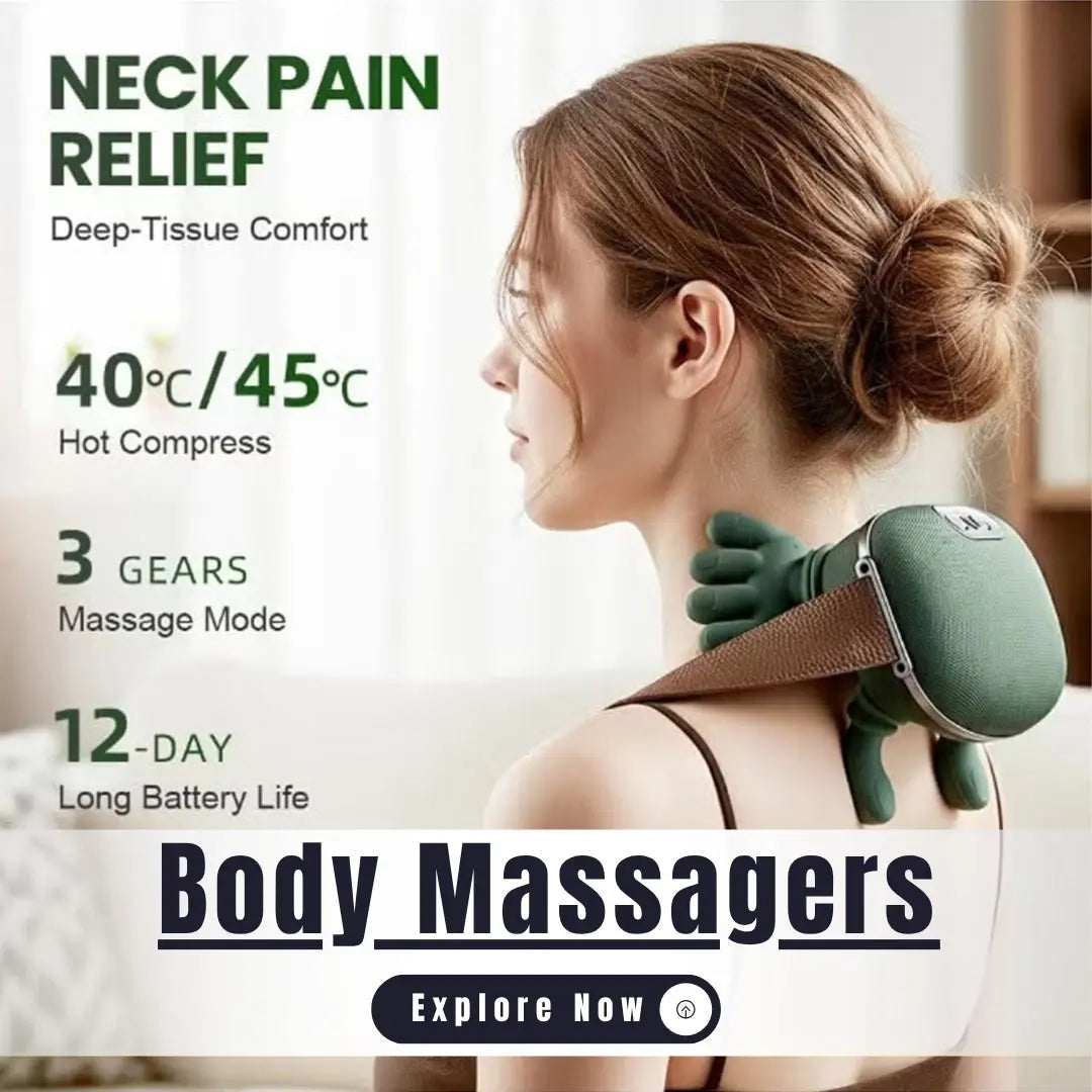 Woman using a neck massager with product features highlighted on a white background