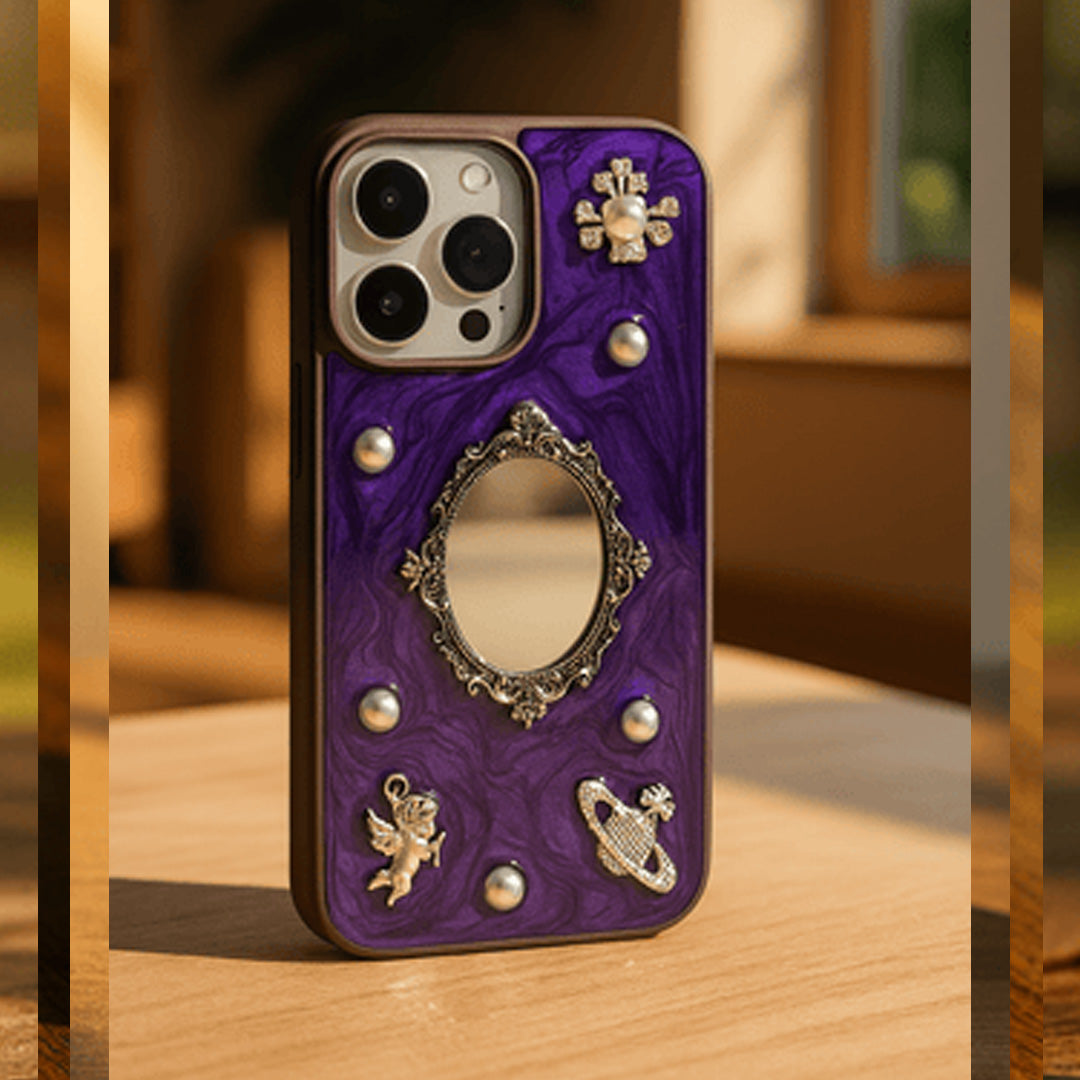 Luxury Retro Mirror iPhone Case with Pearl & Angel Design Phone Cover