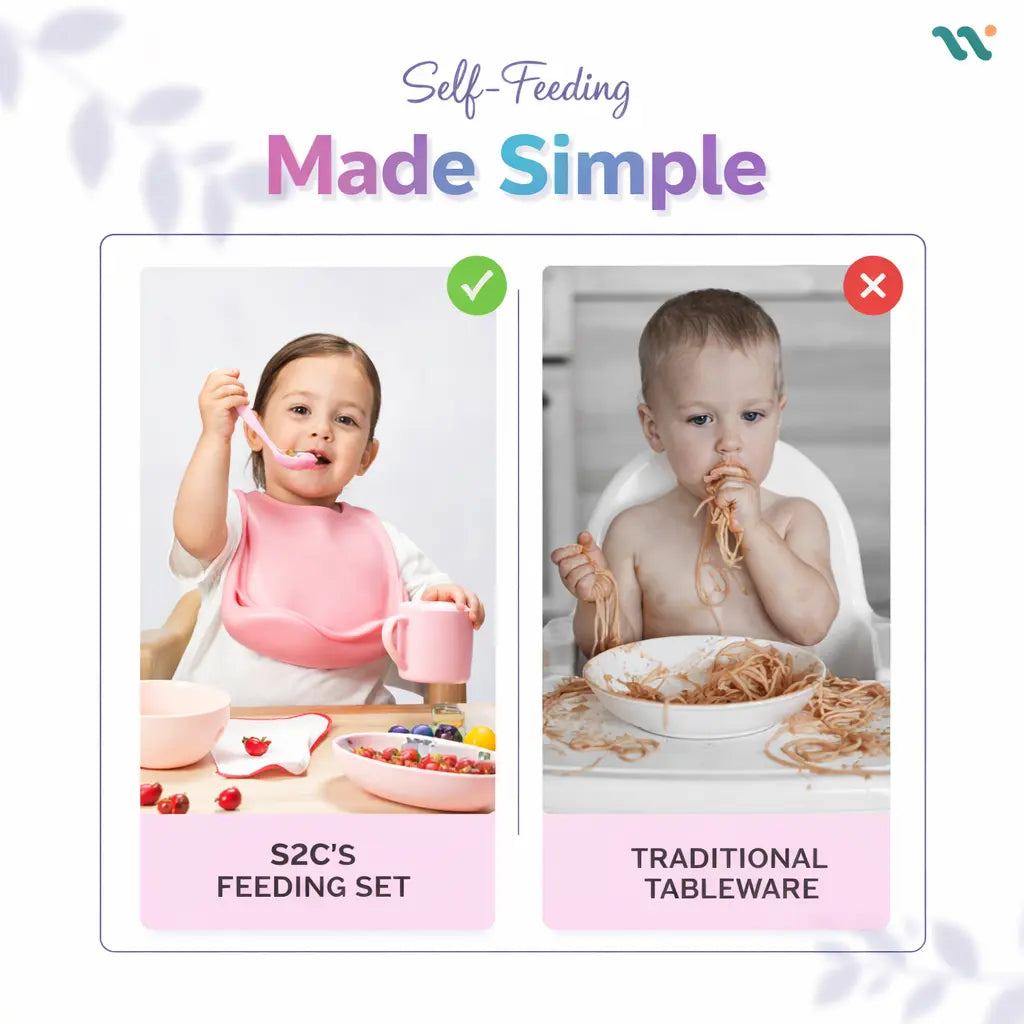 Toddler feeding set with soft silicone utensils and baby safe BPA free design