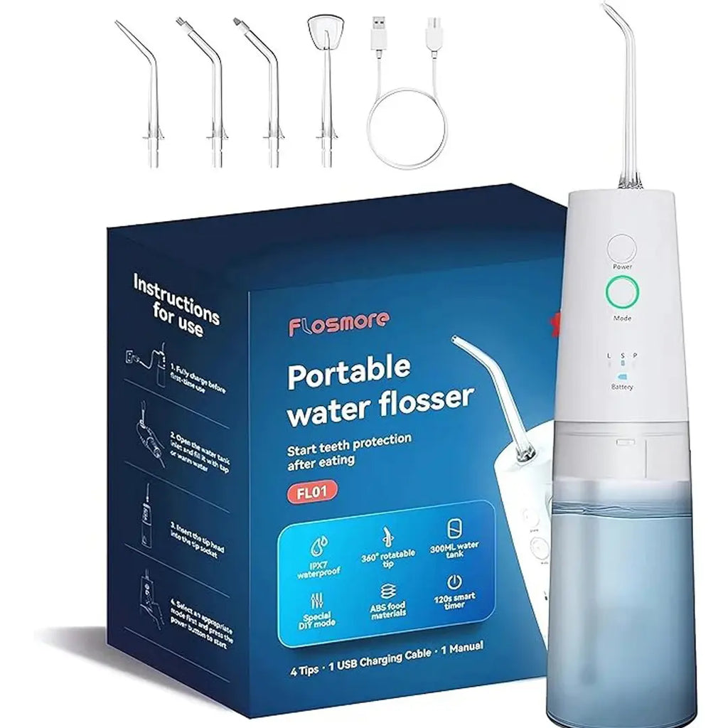 Flosmore portable water flosser with 300ML tank and 360 degree nozzle