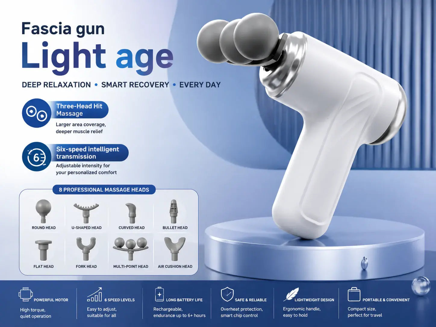 Portable deep tissue massage gun with six speed settings for muscle recovery and pain relief