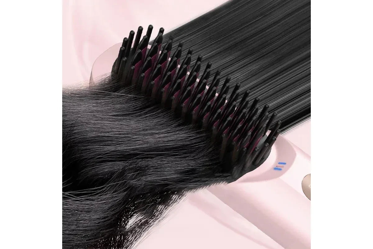 Hair straightening brush with digital controls and adjustable heat settings for smooth hair