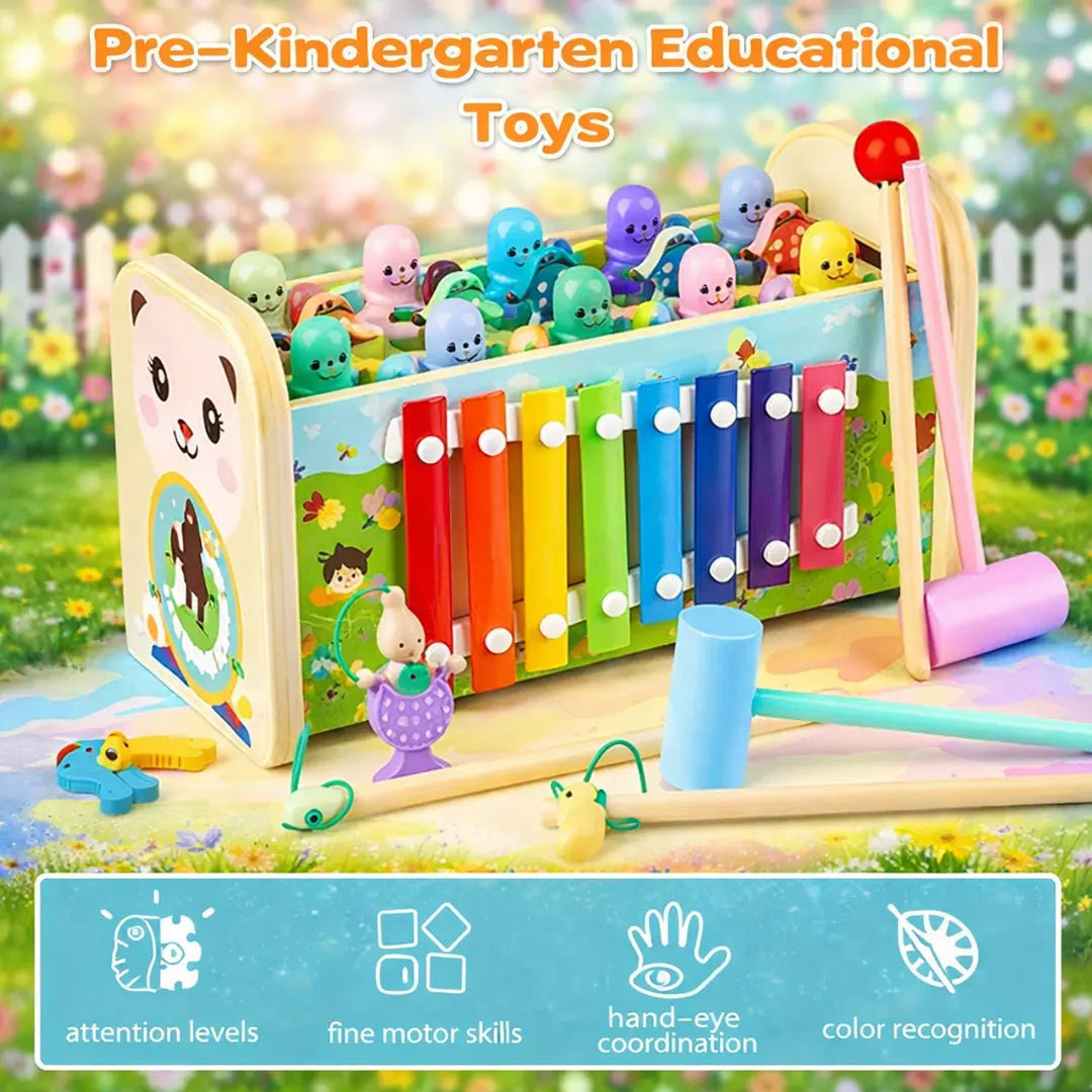 Kids wooden activity board with fishing game xylophone shape sorting and clock learning