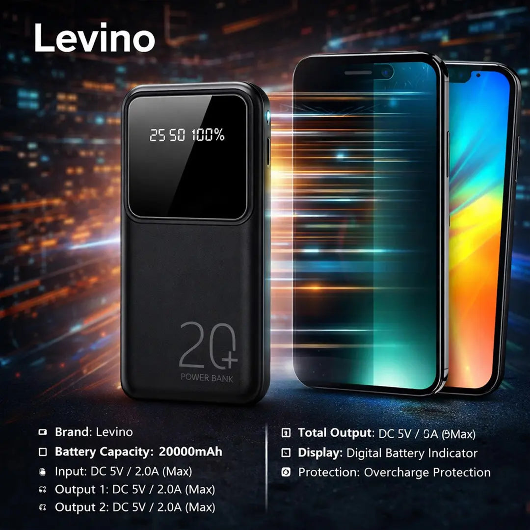 Levino 20000mAh power bank with LED display and dual USB fast charging