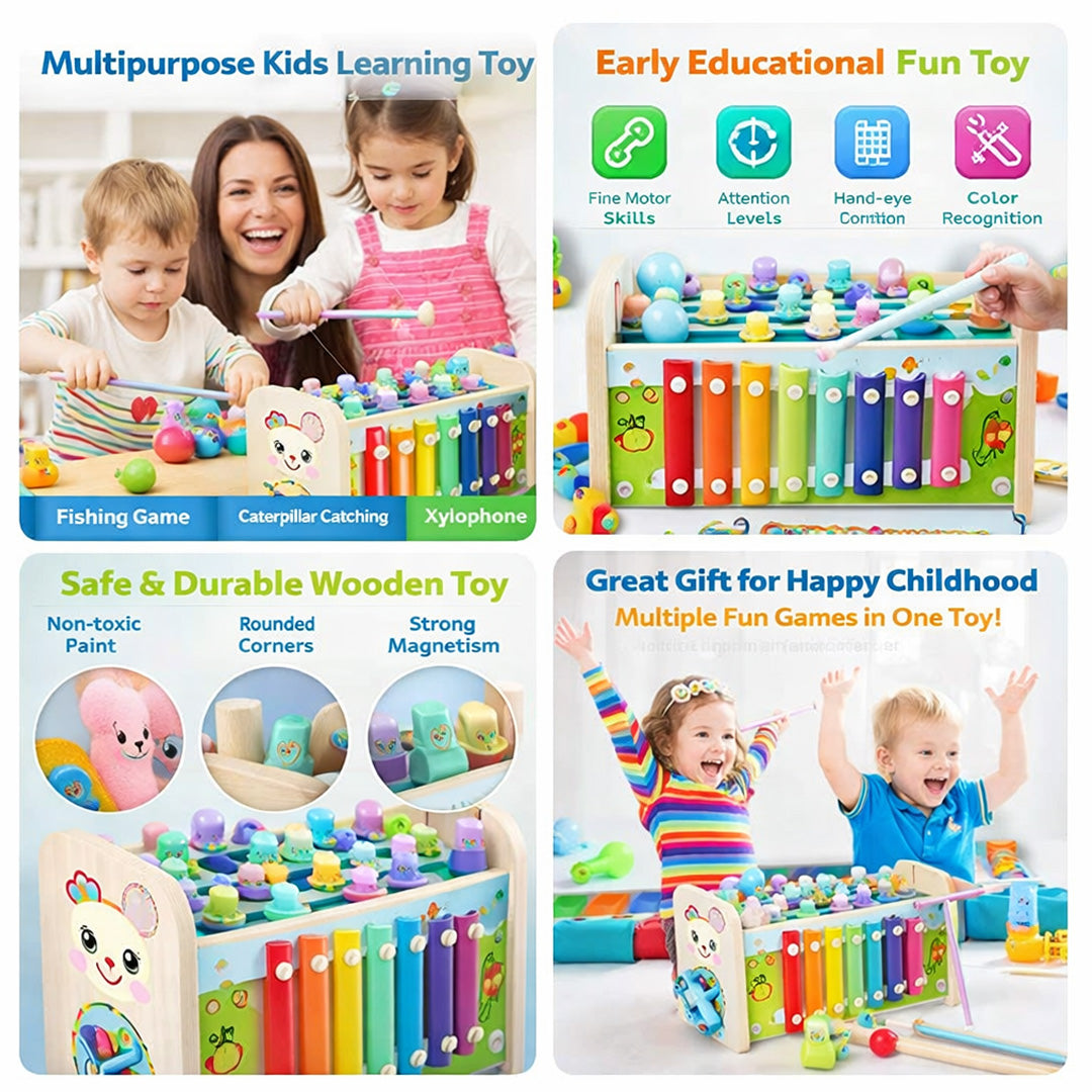 5-in-1 Wooden Activity Toy for Kids Hammer, Fishing, Xylophone, Shape Sorter