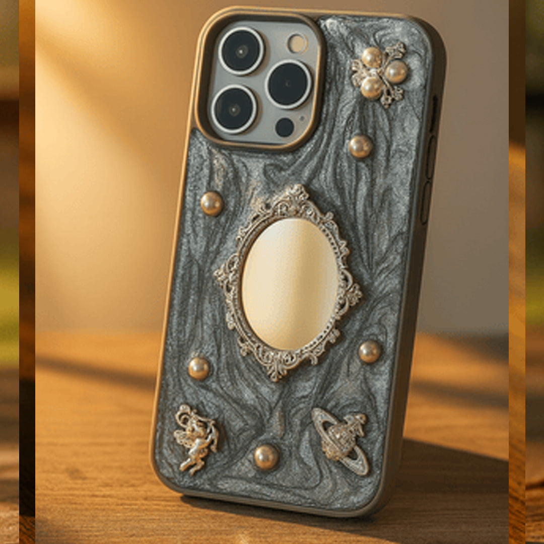 Luxury Retro Mirror iPhone Case with Pearl & Angel Design Phone Cover