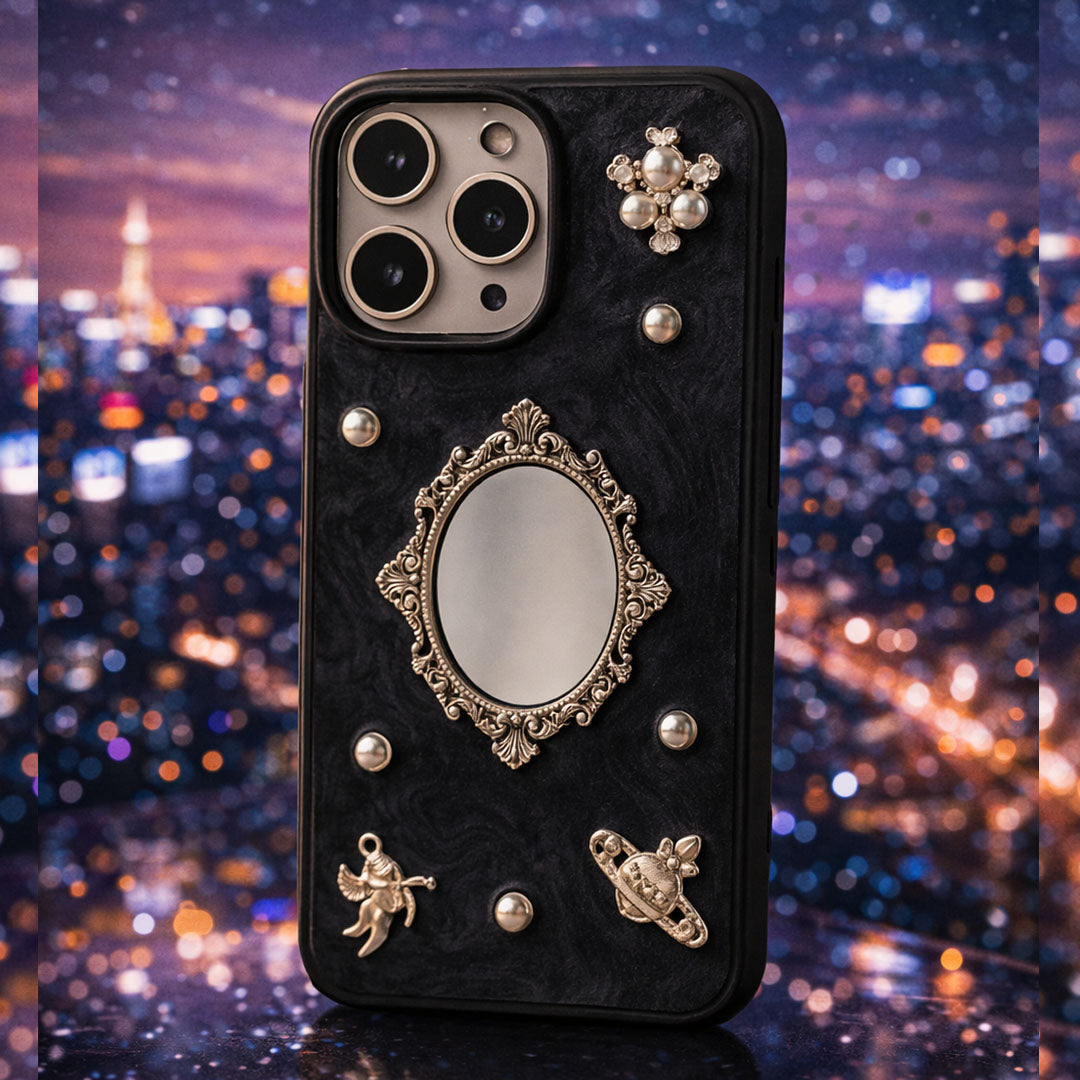 Luxury Retro Mirror iPhone Case with Pearl & Angel Design Phone Cover