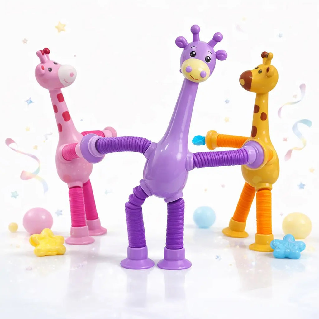 Stretchable giraffe fidget toy with twisting pop tube action for sensory fun
