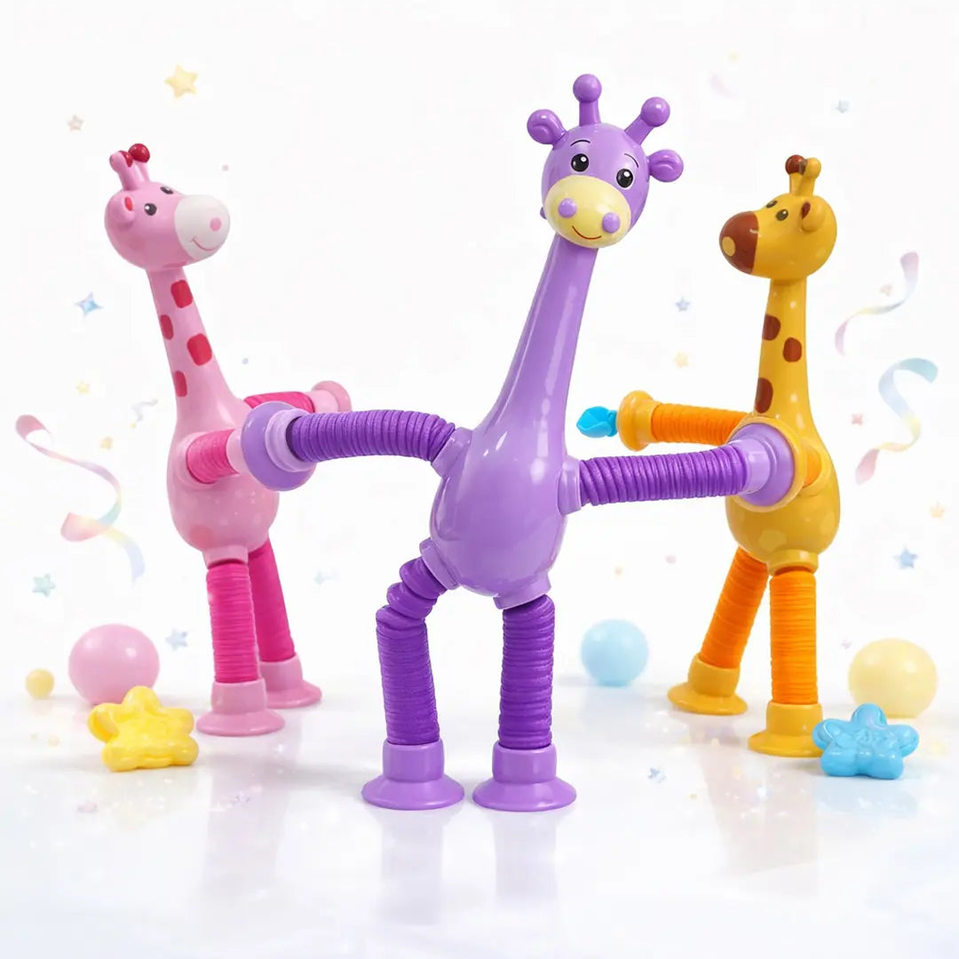 Stretchable giraffe fidget toy with twisting pop tube action for sensory fun