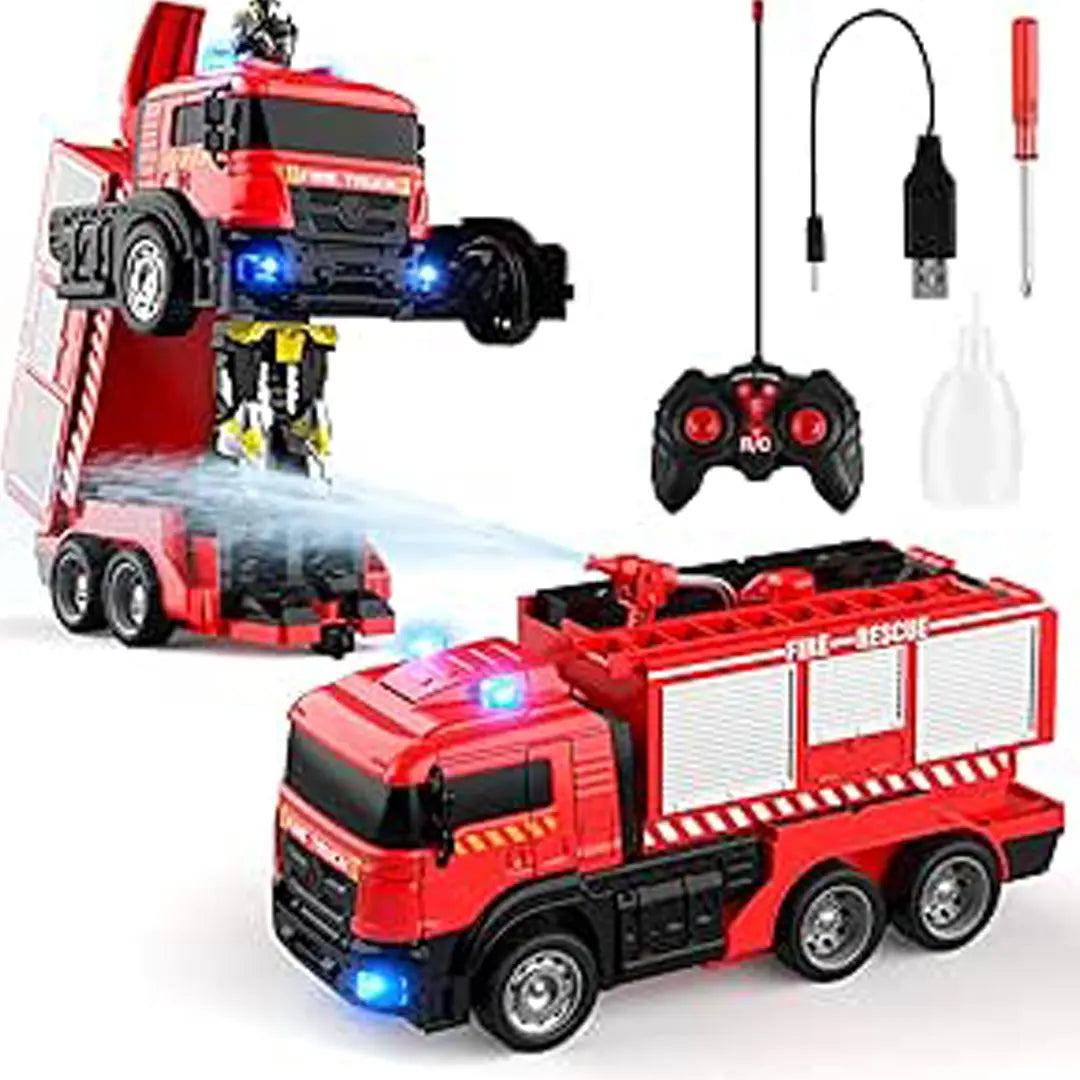 Emergency rescue RC car with deformation feature and interactive firefighting play