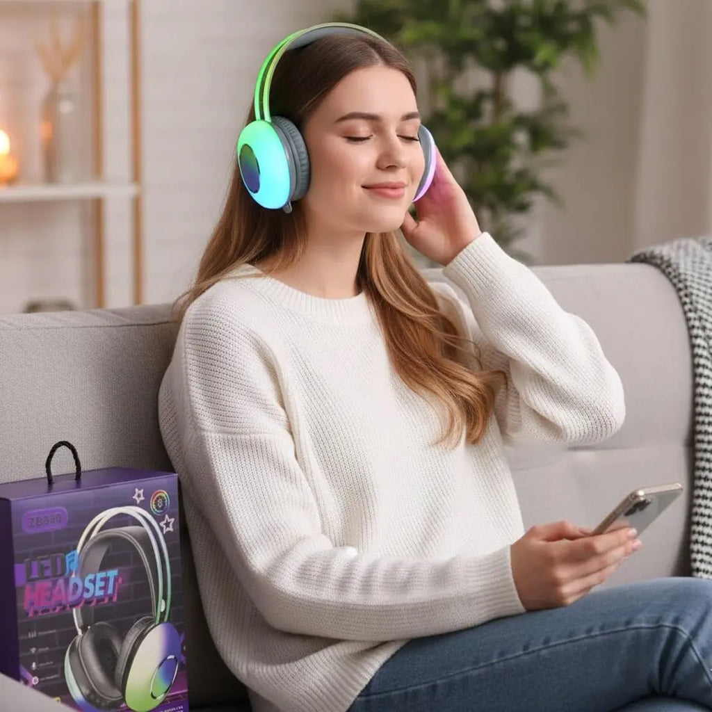 LED wireless headset with Hi-Fi stereo sound Bluetooth connectivity and RGB lights