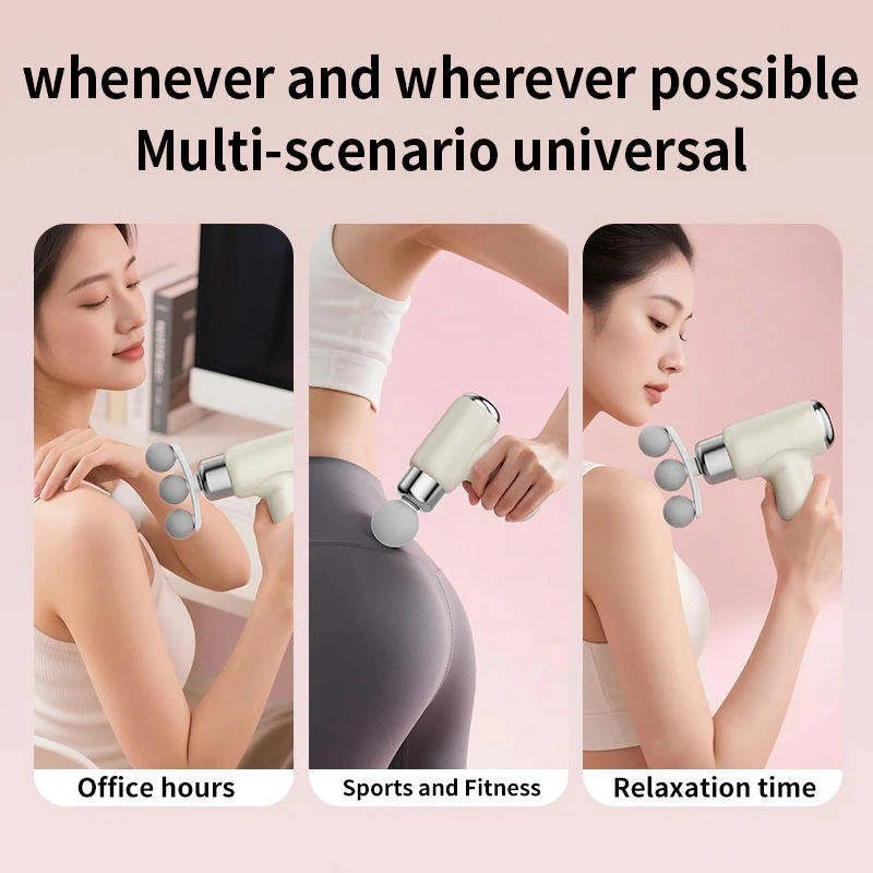 Handheld fascia massage gun with ergonomic grip and interchangeable massage heads