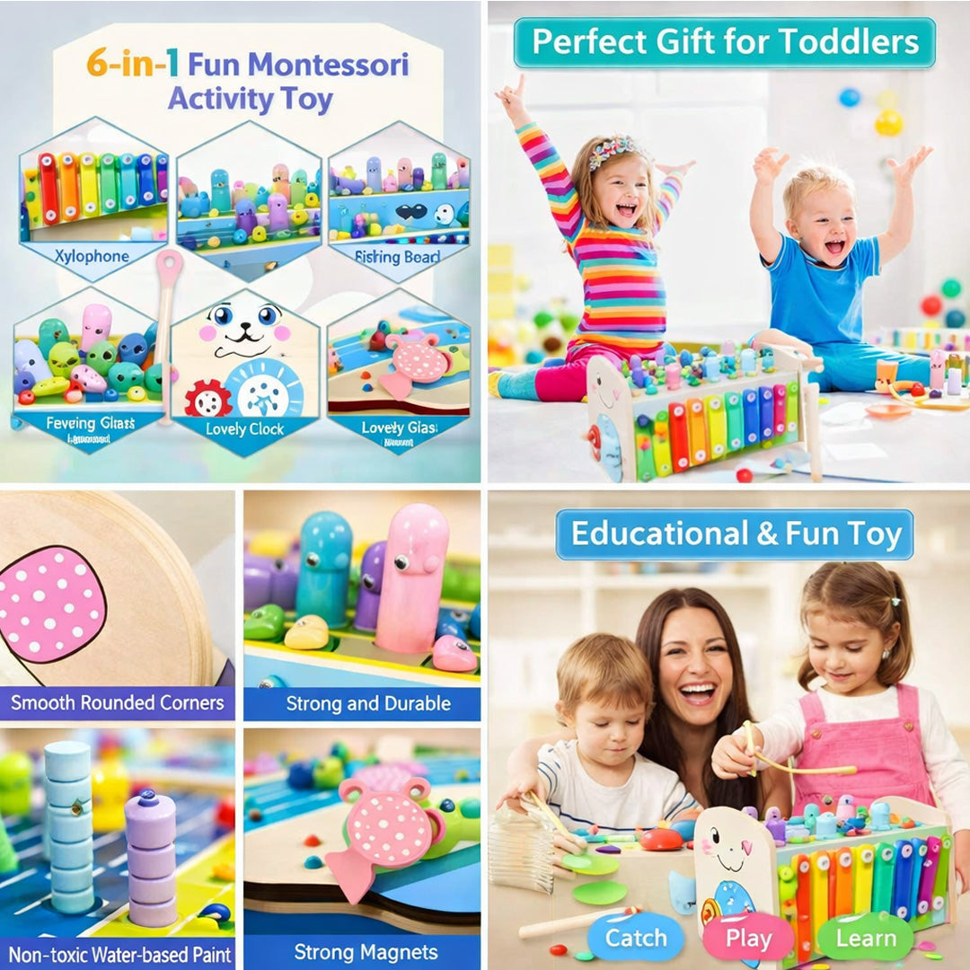 5-in-1 Wooden Activity Toy for Kids Hammer, Fishing, Xylophone, Shape Sorter