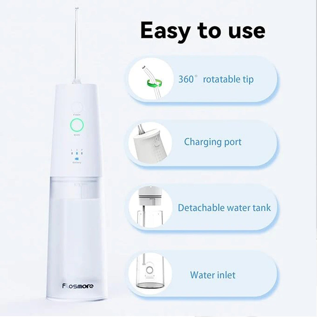 Flosmore Portable Water Flosser 300ML Oral Irrigator with 360° Nozzle